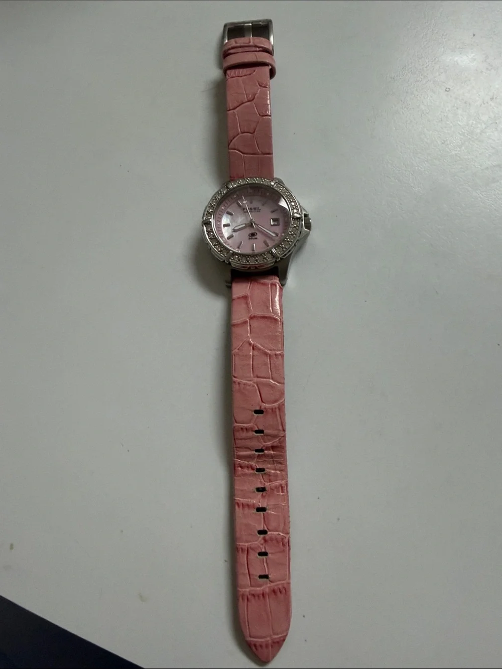 Fossil Pink Crystal-Bezel Ladies Watch with Croc-Embossed Strap
